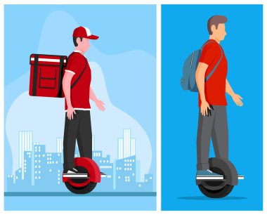 Man rides electric unicycle. Male courier delivery service worker on monowheel. Transportation device for urban mobility.