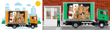 Kutular dolusu ev eşyası taşıyan bir kamyon. Konteynır taşıyan profesyonel bir nakliyeci. Ev taşıma ve teslimat servisi.