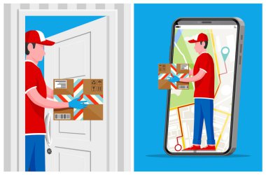 Kurye, akıllı telefon uygulamasında online dağıtım servisi takibiyle paket teslimatı yapıyor. Lojistik ve ekspres nakliye kavramı.