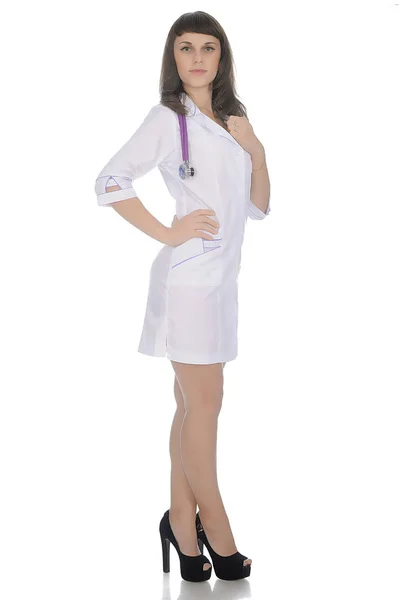 Médica Feminina Roupas Médicas Brancas Com Estetoscópio — Fotografia de Stock