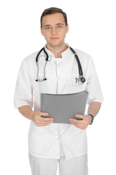 Ett Porträtt Manliga Läkare Vit Kirurgiska Kostym Med Stetoskop Royaltyfria Stockfoton