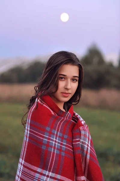 Una hermosa chica en la naturaleza al atardecer — Foto de Stock