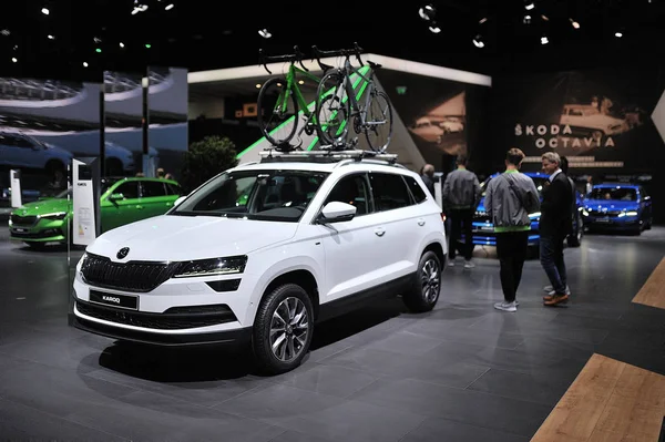 FRANKFURT, GERMANY - SEPT 2019: white SKODA KAROQ SUV, IAA Inter — Stock Photo, Image