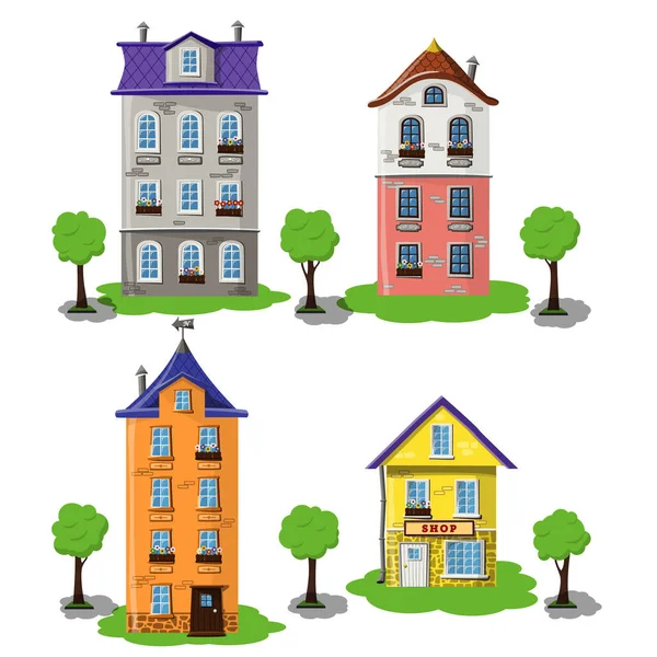 Set Colorful Urban Houses Trees White Background Design Computer Games — Stock Vector