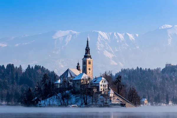 冬天在布莱德湖的教堂。斯洛文尼亚 图库照片