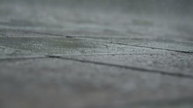 Yağmur devam levha ve su birikintisi parke gider. Seçici odak. Yakın çekim.