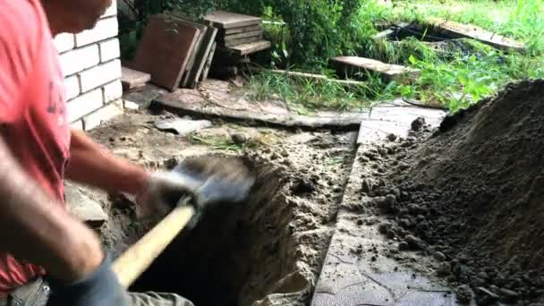 キエフ ウクライナ 2018年 成人男性は 裏庭にシャベルで小さな穴を掘る クローズ アップ — ストック動画