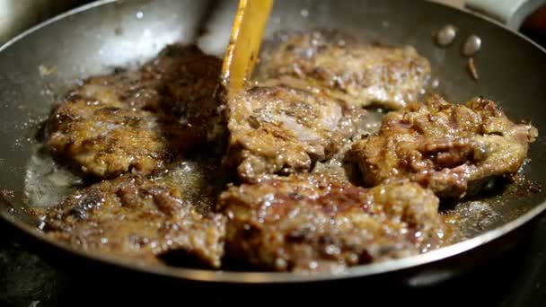 맛있다 쇠고기 프라이팬에 로스트 요리의 개념입니다 클로즈업 — 비디오