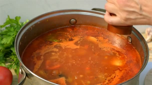 自家製の食欲をそそる おいしいボルシチ鍋 赤ビーツ野菜スープ 鍋に沸騰します ウクライナとロシア伝統的な赤いスープ ボルシチやボルシチ — ストック動画