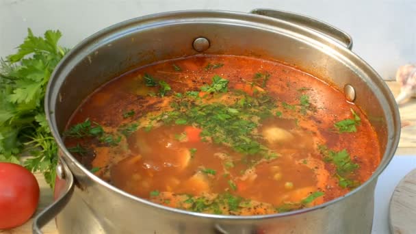 自家製の食欲をそそる おいしいボルシチ鍋 赤ビーツ野菜スープ 鍋に沸騰します ウクライナとロシア伝統的な赤いスープ ボルシチやボルシチ — ストック動画