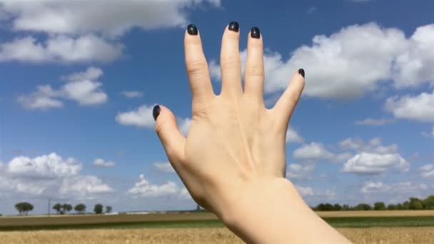 伸出车窗的女孩手 旅行时 人的手在外面 年轻女子在旅行中用她的手挥手致意 — 图库视频影像