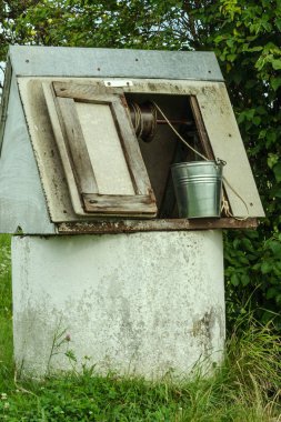 Kırsal manzara. Bitki ve çim arka bahçedeki metal bir kova ile iyi eski moda. Kırsal köyde kenarında. Dikey. Yakın çekim.