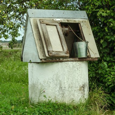 Kırsal manzara. Bitki ve çim arka bahçedeki metal bir kova ile iyi eski moda. Kırsal köyde kenarında. İnstagram biçimi. Kare. Yakın çekim.