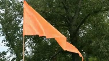 Rüzgar yeşil ağaçlar arka planı kırmızı bayrak sallaması. Açık havada. Yakın çekim.