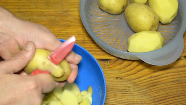 Limpar Limpar Batatas Antes Cozinhar Mãos Humanas Descascam Batatas Com — Vídeo de Stock