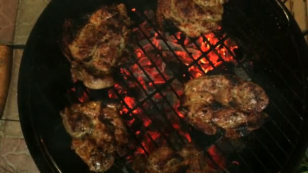 Είναι Τηγανητό Νόστιμα Και Ζουμερά Κρέατα Στη Σχάρα Ένα Μπάρμπεκιου — Αρχείο Βίντεο