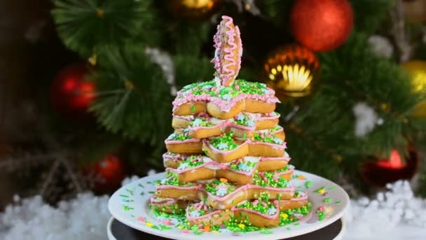 Human Hands Break Pieces Gingerbread Tree Background Christmas Tree Which — Stock Video