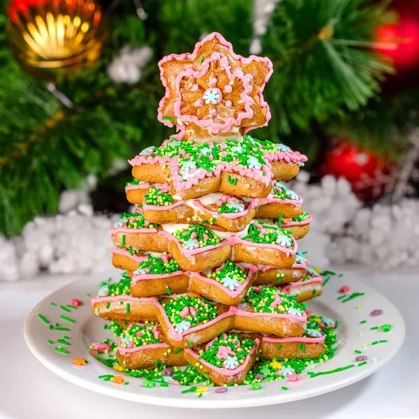 Gingerbread Herringbone White Dish Background Christmas Tree Square Close — Stock Photo, Image