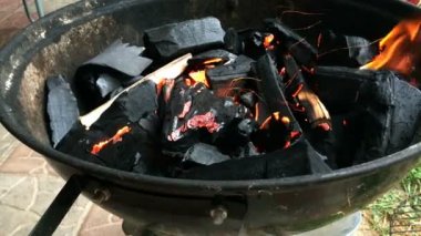 Yakacak odun sim ızgarada yakıp. Mangal yakacak odun yanan ile. Dil alev, duman, kömür ve kül. Barbekü yemek pişirmek için. Açık havada piknik için.