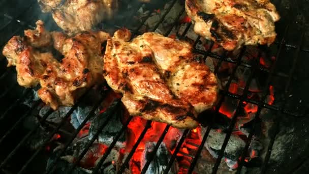 Grillezés Idő Marha Vagy Sertés Steak Lángok Parazsat Barbecue Grill — Stock videók