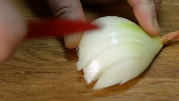 キッチンで切削タマネギ 木製のまな板に赤いナイフで小さなスライスにタマネギを刻んでシェフ — ストック動画