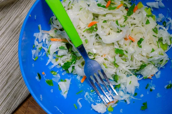 Homemade Steamed Sauerkraut Carrot Herbs Traditional Dish Ukrainian Russian Asian — Stock Photo, Image