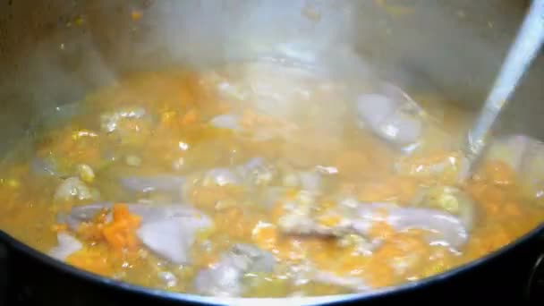 Cooking homemade food. Goulash or thick soup of chicken giblets with carrots boils in a saucepan. It is stirred with a metal spoon. — Stock Footage Cooking Homemade Food Goulash Thick Soup Chicken Giblets Carrots Boils Royalty Free Stock Footage