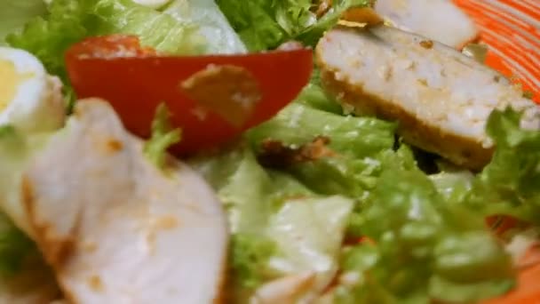 Caesar Salad Red Plate Caesar Salad Consists Roasted Chicken Breast — Stock Video