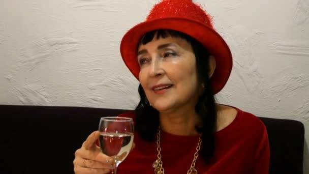 Attractive Adult Woman Red Clothes Red Hat Drinking White Wine — Stock Video