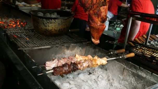 Cuisiner Des Kebabs Barbecue Dans Restaurant Café Charbon Bois Préparation — Video