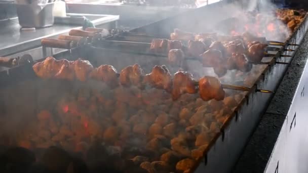 Приготування Шашликів Або Барбекю Ресторані Або Кафе Над Вугіллям Приготування — стокове відео