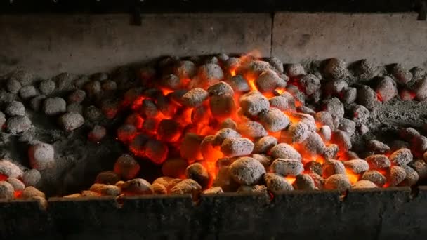 鮮やかな火鉢でホット練炭を燃焼します ホット赤い炎で光る 燃えるような熱い炭練炭でバーベキューの炎を火災します — ストック動画