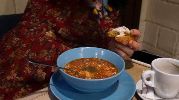 Sopa Russa Ucraniana Tradicional Carne Verduras Beterraba Tomates Borscht Com — Vídeo de Stock