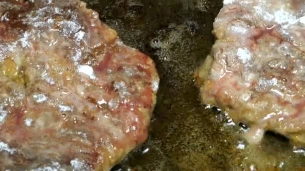 Hausmannskost Lebersteaks Oder Fleisch Kochen Rinderleber Oder Fleischsteaks Braten Eiserner — Stockvideo