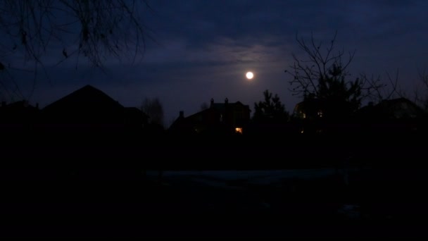 Moon Huizen Het Dorp Een Donkere Maanverlichte Nacht Kalm Mysterieuze — Stockvideo