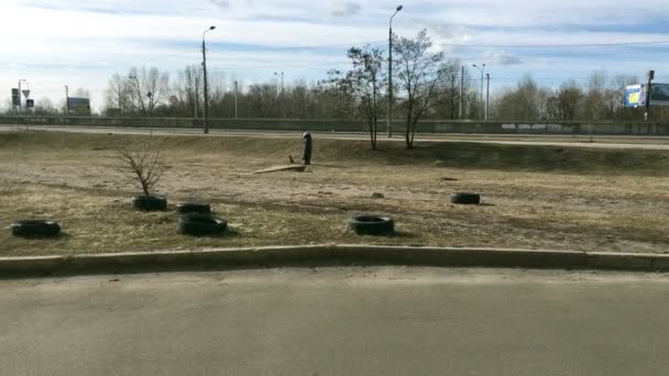 Kiev Ukraine March 2019 Person Walking Dog Outskirts City Road — Stock Video