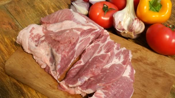 Raw Meat Steaks Cut Large Piece Pork Beef Wooden Cutting — Stock Video