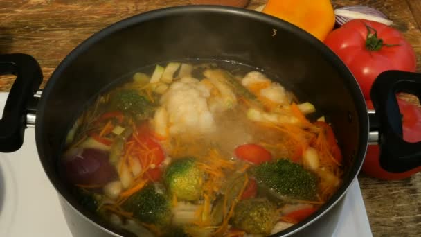 Homemade cooking. Concept of healthy vegetarian or lean food. Vegetable or minestrone soup cook in a metal saucepan on the stove. — Stock Footage Homemade Cooking Concept Healthy Vegetarian Lean Food Vegetable Minestrone Soup Stock Footage