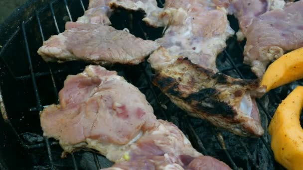 スライスした肉ステーキの塊は 金属格子のバーベキューで石炭の上に焼き 肉のトングでひっくり返されます — ストック動画
