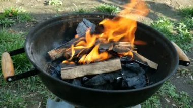 Şenlik ateşinde parlak bir şekilde yanan odun ve kömür. Alevler metal ızgara veya barbekü duman açık güneşli yaz gününde yanan. Açık hava rekreasyon veya hafta sonu bir piknik kavramı.