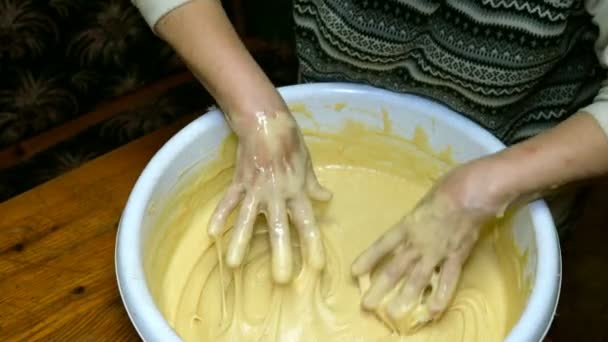 Cooking Homemade Food Woman Baker Vigorously Kneads Dough Her Hands — Stock Video