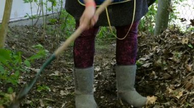 Peyzaj Mevsimlik ev işleri. Bahar bahçe temizliği. Bahçıvan arka bahçede tırmık yaprakları ile tırmık.