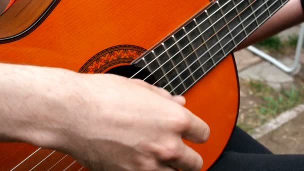 パフォーマンスミュージシャン ギタリストはアコースティックな木製のギターで指で演奏します クローズ アップ — ストック動画