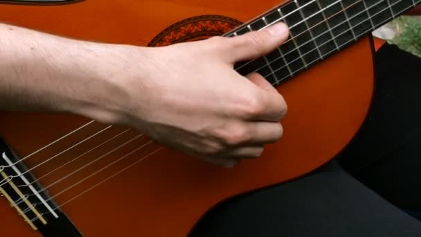 Performance Musician Guitarist Plays His Fingers Acoustic Wooden Guitar Outdoors — Stock Video