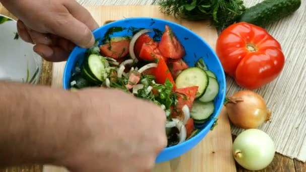 Hausgemachte Vegetarische Gesunde Kost Menschenhände Mischen Tomaten Gurken Zwiebeln Dill — Stockvideo