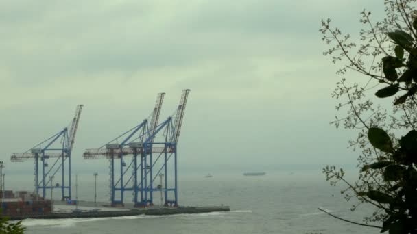 Hafenkräne Containerterminal Und Industriezone Vor Dem Handelshafen Von Odessa Der — Stockvideo