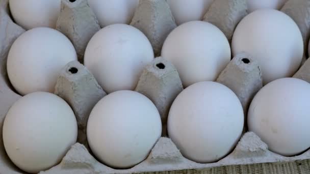 Los Huevos Pollo Blanco Son Frescos Apilados Envases Cartón Ecológico — Vídeos de Stock