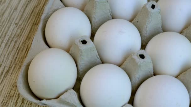 白鸡蛋是新鲜的 堆放在生态纸板包装 食物背景 — 图库视频影像