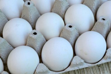 Beyaz tavuk yumurtaları taze, ekolojik karton pa yığılmış