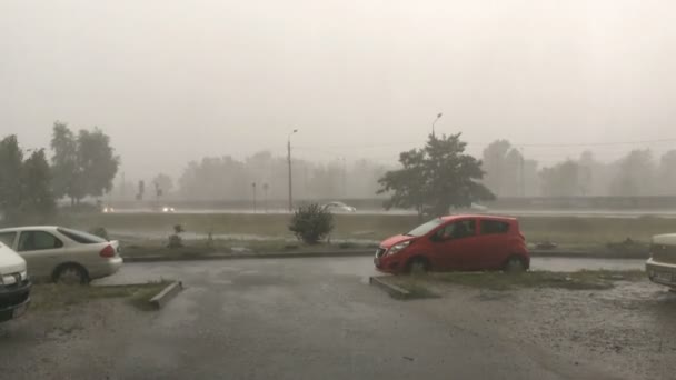 Stark vind, skyfall eller storm på stadsgatan. Kraftfulla regn strålar faller på asfalten. Rörliga och parkerade bilar. Träden svänger. Medelstor plan. — Stockvideo